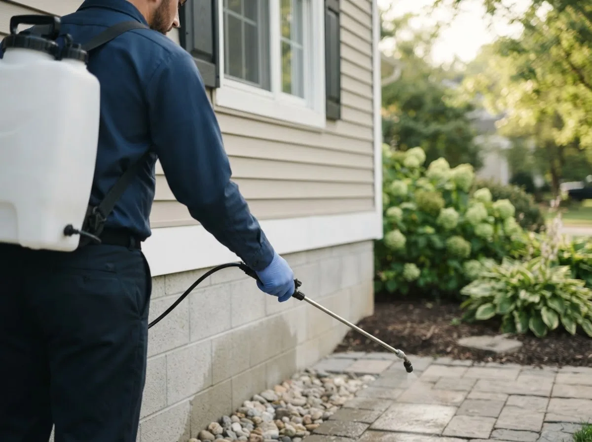 Pest control technician inspecting a home in Morven, GA